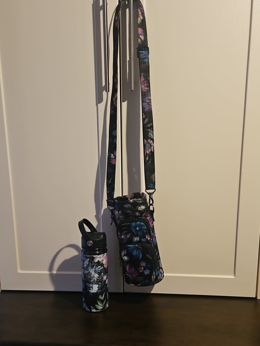 Lug Huggie and Chuggie Floral Crossbody Bottle Holder Bag in Black and Purple